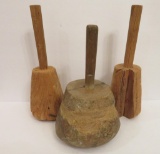 Three antique wooden mallets, wear noted