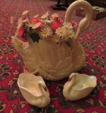 Two milk glass swan planters and ceramic large swan planter