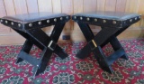 Two leatherette top wood stools with nail head design trim