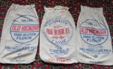 Three vintage 100 lb flour sacks, Old Hickory and Pillsbury