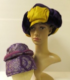 Two vintage purple hats, panel and brocade