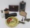 Mens lot with flask, powder tin, leather wallet with nickel claps and tire gauge