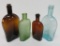 Four multi colored flask bottles, 6
