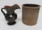 Unusual redware decorated pitcher and ribbed crock, about 8