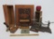 Cheese boxes, carved door, crayon tin, school bell and scale parts