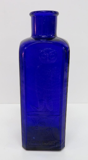 Cobalt Blue Owl Drug Company square bottle, 9 1/2"