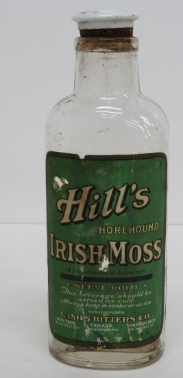 Hill's Horehound Irish Moss Lash's Bitters with original label and porcelain stopper