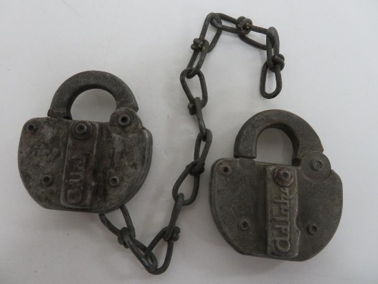 Two Adlake Railroad locks, no keys, 3 1/2" tall