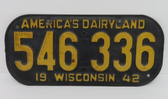 1942 Black and Yellow Wisconsin License Plate-