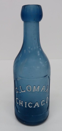 C Lomax Chicago, blue Hutchinson Bottle, 7 3/4"