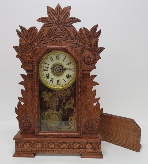 Ornate carved Gilbert Gingerbread Clock, Laurel, and clock shelf