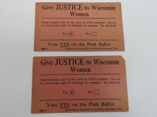 Two Chapter 227 Women Suffrage Ballots, Milwaukee Wis