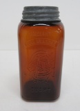 1896 Smalley Full Measure square amber quart jar with zinc lid