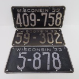 Three 1933 Wisconsin License Plates