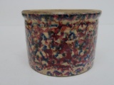 Red and blue mottled spongeware butter crock, 3 1/2