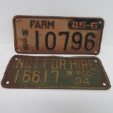 Two License Plates, Not for Hire 1934 and Farm 1945-6