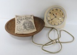 Vintage Kitchen lot with Deco style clock and wooden bowl