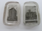 Two antique Chicago building paperweights, Masonic building and YMCA, glass, 4