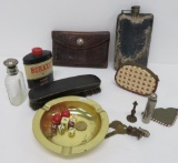 Mens lot with flask, powder tin, leather wallet with nickel claps and tire gauge