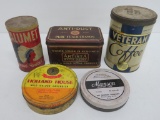 Advertising tins, coffee, chalk crayons, tobacco, tape and baking powder