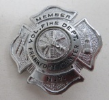 New York Volunteer Fire Dept Badge, Frankfort Center, 1 3/4