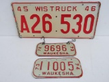 1945/46 Wisconsin Truck license plate and two 1970's Bike Plates