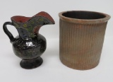 Unusual redware decorated pitcher and ribbed crock, about 8