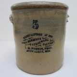 5 Gallon LM Pierron Crock manufactured at the Chas Hermann Stoneware Factory Milwaukee Wis