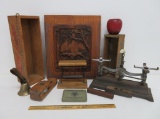 Cheese boxes, carved door, crayon tin, school bell and scale parts