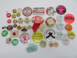 40 assorted pin back buttons, novelty & Wisconsin area