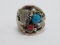Turquoise and Coral Buffalo Head Ring, estimate size 11 1/2, marked with initials RB