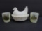 Two Nebraska Custard glass toothpick holders and hen on nest