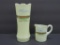 Two Oelwein Iowa Round House custard glass souvenirs, vase and creamer