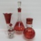 Five pieces of Ruby Flash glass, vases, stem, decanter and holy water container Souvenir items, Wis