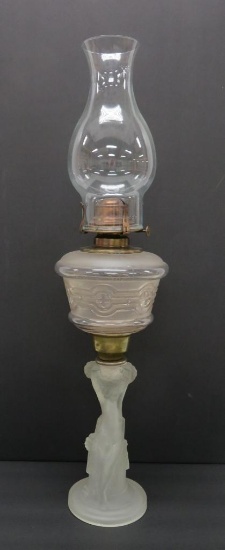 Figural nude base frosted oil lamp, 14" base