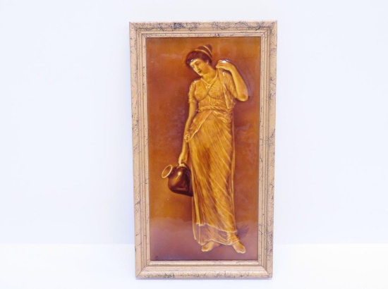 C 1890 Geo Cartlidge Art Tile, woman carrying urn, framed, Hewin & Cotton Co, 13"