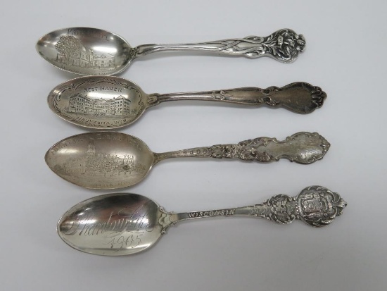 Four Sterling souvenir Spoons, Waukesha Wis and Phantom Lake