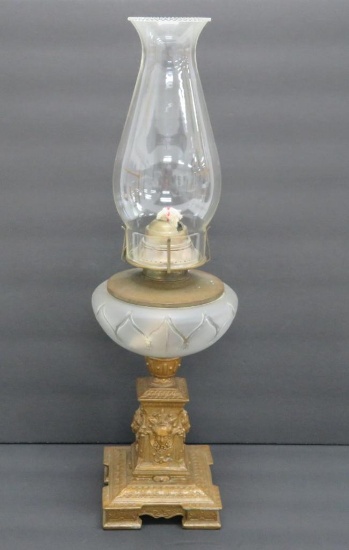 Four Faces metal base, Oil lamp, 20" with chimney