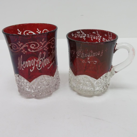 Two early 1900's Ruby Flash Glass Merry Christmas present cups