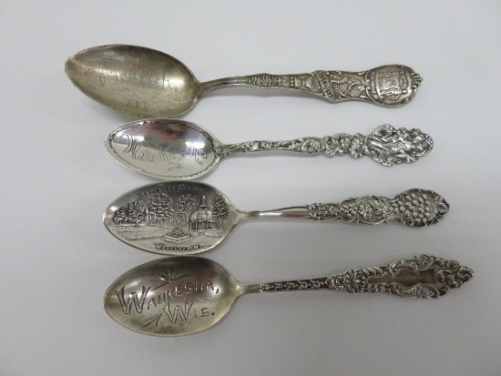 Four Sterling souvenir Spoons, Waukesha Wis and Bethesda Springs