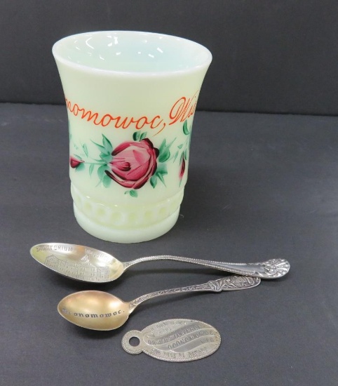 Oconomowoc souvenir lot, custard glass tumbler, two sterling spoons and Dr Wilkinson tag