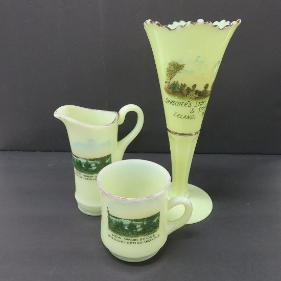 Spring Green and Leland Wis Advertising Souvenir Custard Glass