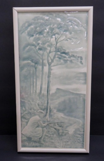 Fabulous Hunter Tile, framed, attributed JG Low Co, Arthur Oscorne, c 1880, 12 1/2"