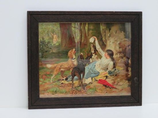 Lovely c. 1894 framed chromolithograph, girl with dogs, 22" x 20"