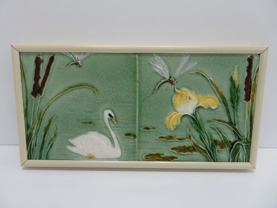 Two part Swan and dragonfly art tile, framed 6" x 12"