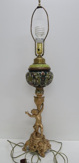 Cherub Majolica style figural table lamp, working, 24"