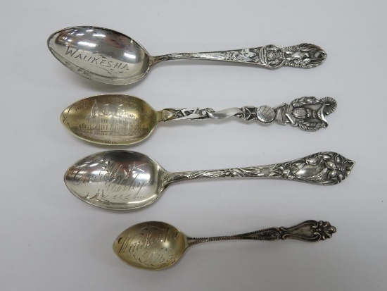 Four Sterling souvenir Spoons, Waukesha Wis, Carroll College and Waukesha High School