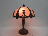 Slag Glass Table Lamp with metal urn overlay, base marked