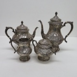 Ornate Devonshire Hand Chased Sterling Silver Coffee Tea Service, four pieces