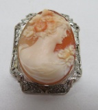 Cameo Brooch Pendant, carved shell, ornate, reticulated frame